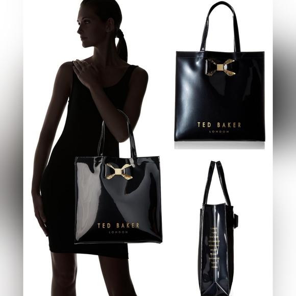 Ted Baker London large Gold Glitter Bow Icon Black Tote Bag